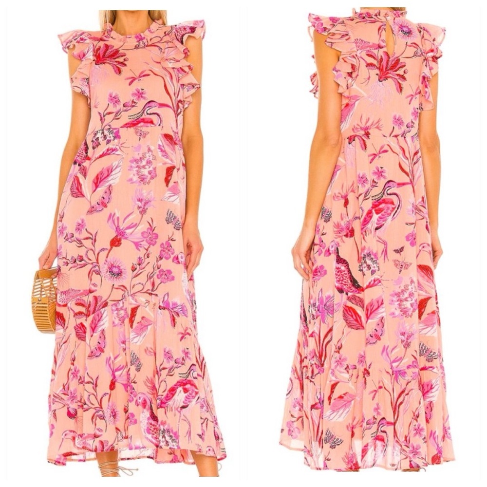 Banjanan Hanna Pink Crepe Ruffle Neck Balloon Sleeve Floral Bird Print Dress!
